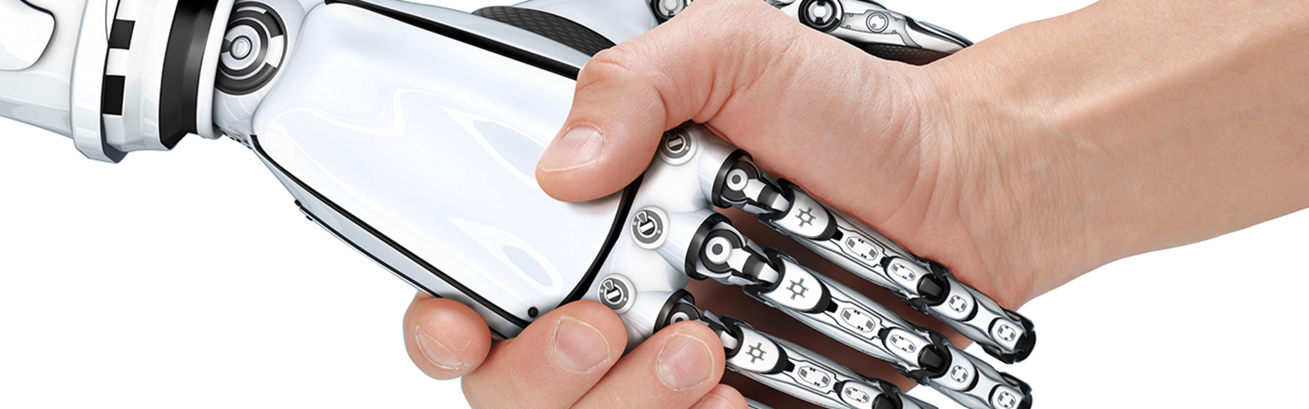 Handtrykk med menneskehand og robothand