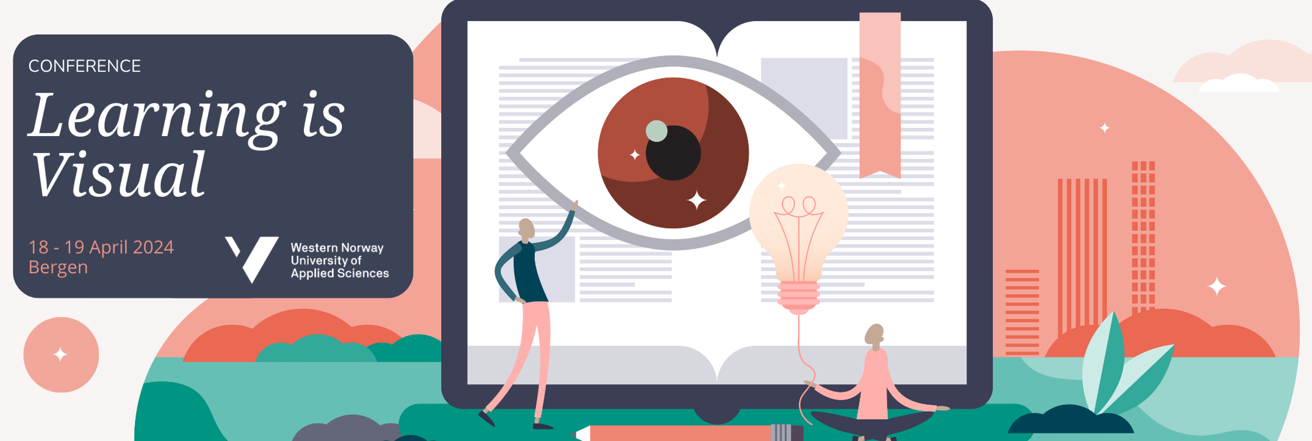 Graphics showing an eye, a book and a pencil. Buildings and lanscape illustrating society in the background
