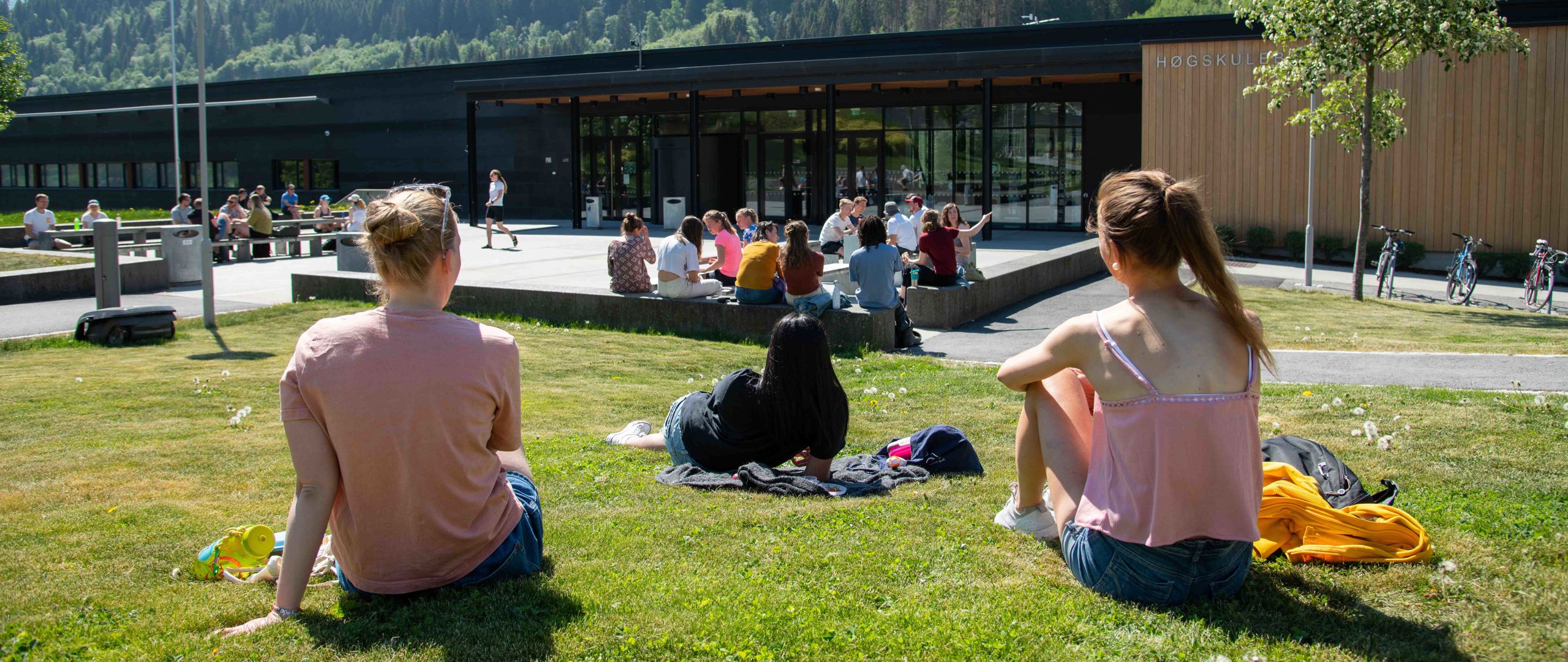 Studentar sit med ryggen til kamera. Nokre sit på det grøne grase, andre på steinbenkar lenger framme. Framfor studentane er høgskulebygget i Sogndal, kledd i svarte plater og umåla trebord.