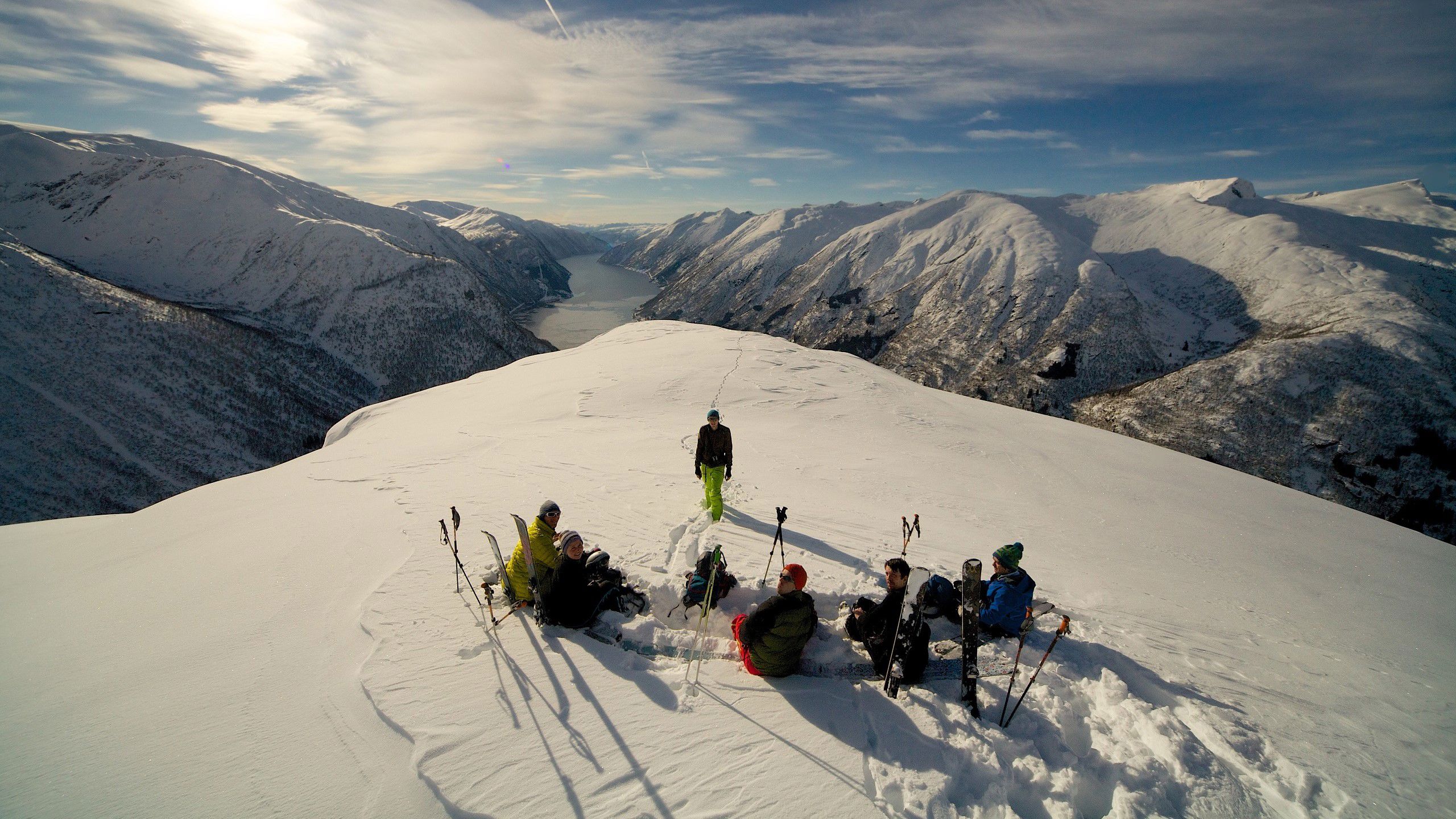 Skiing with fjord view